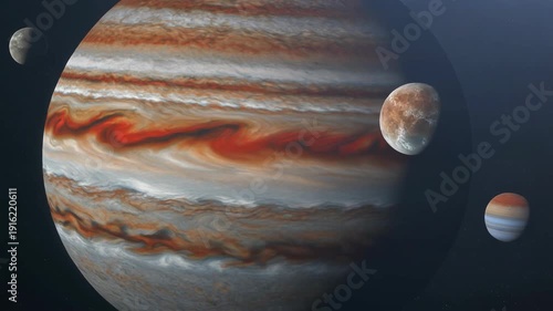 Jupiter's Great Red Spot with Moons in Dramatic Swirls