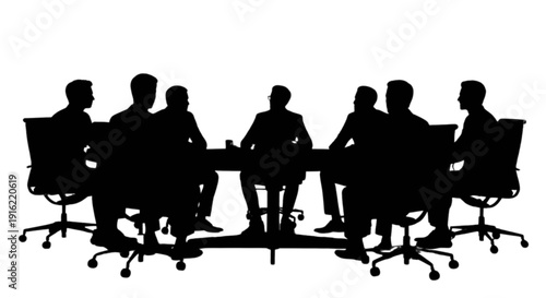 Silhouettes of people seated around a conference table in a meeting