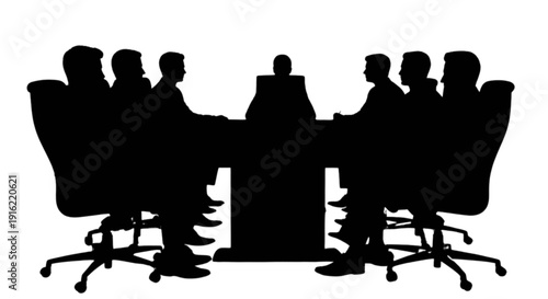 Silhouette of a business meeting with several people sitting around a table