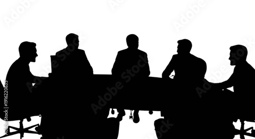 Silhouettes of people sitting around a conference table in a meeting