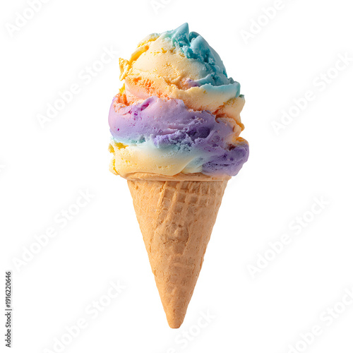 Professional Rainbow Sherbet Ice Cream Cone Isolated on White Background