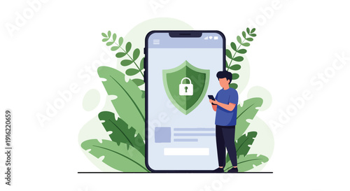 Modern flat vector illustration of secure online payment protection with shield and lock icons on smartphone screen, representing fintech security