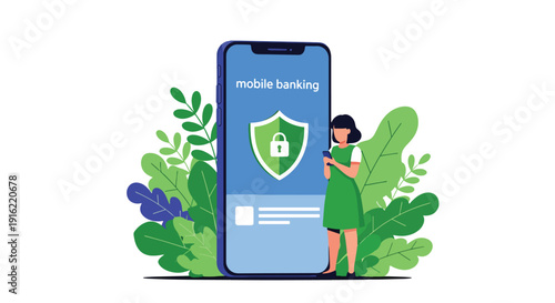 Modern flat vector illustration of secure online payment protection with shield and lock icons on smartphone screen, representing fintech security