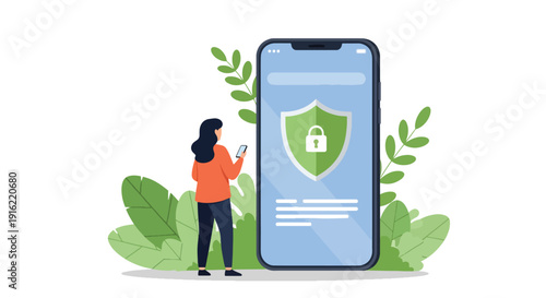 Modern flat vector illustration of secure online payment protection with shield and lock icons on smartphone screen, representing fintech security