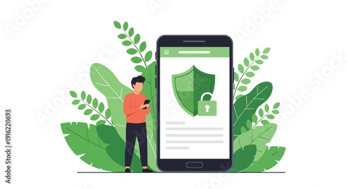 Modern flat vector illustration of secure online payment protection with shield and lock icons on smartphone screen, representing fintech security