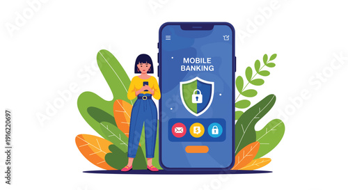 Modern flat vector illustration of secure online payment protection with shield and lock icons on smartphone screen, representing fintech security