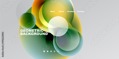 Abstract colorful shapes overlap. Text includes geometric background, navigation options work, about, portfolio, contact. Gradient blends create visual interest.