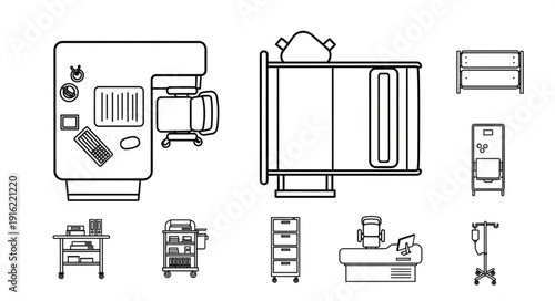 Medical equipment and furniture top view illustration.