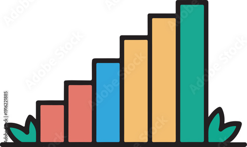 Colorful growing bar chart with green leaves.