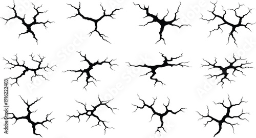 Ground crack silhouette collection vector illustration set with earthquake fracture texture and broken surface effects isolated on white background for graphic design projects