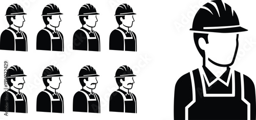 Construction worker profile silhouette collection vector illustration set with hard hat and overalls for industrial workforce labor team professional isolated on white background
