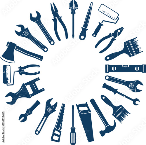 Hand tools circle collection vector illustration set with hammer saw wrench screwdriver and pliers for hardware store diy handyman service repair maintenance design
