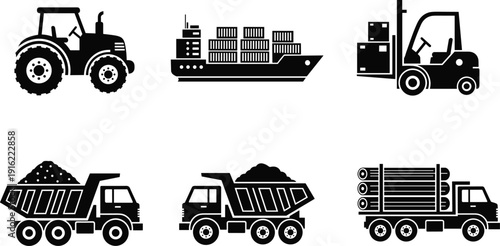 Industrial transport machinery silhouette vector illustration set with tractor cargo ship forklift dump truck and logging trailer isolated on white background for design