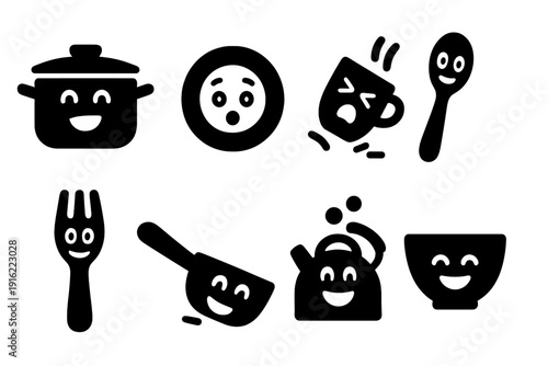 Kitchen Comedy Icons. Kitchen comedy icons. Filled icon set of Kitchen comedy icons: laughing pot, shocked