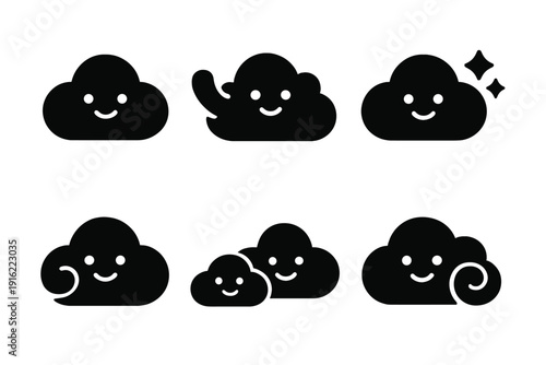 Whimsical Cloud Icons. Sky Friends Clouds. Filled icon set of Sky Friends Clouds: friendly cloud, waving cloud