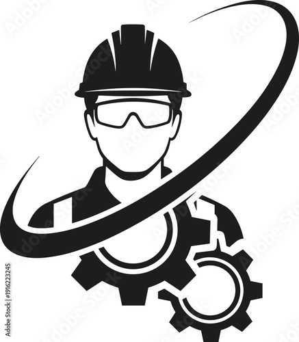 Industrial worker logo vector illustration with hard hat and gears for construction engineering maintenance service professional black silhouette icon isolated on white background