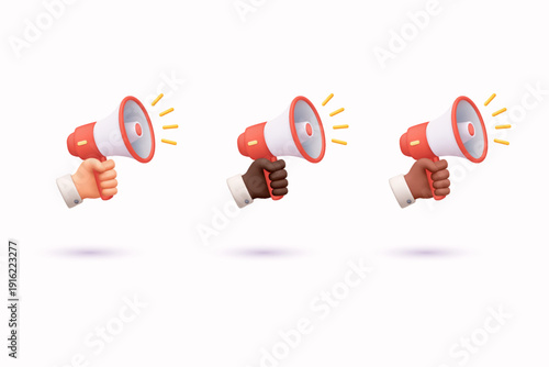 Set of megaphones in hands with different skin tones. Announcement, marketing and public communication concept. 3D illustration isolated on light background.