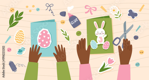 Making a handmade Easter greeting cards3. Easter banner. Concept of eco-friendly Easter, sustainability, family. Vector hand drawn background with people hands making greeting cards.