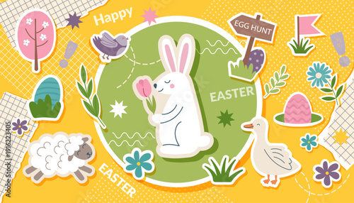 Easter collage banner with Easter objects in pop art style2. Easter trendy background. Concept of Easter, spring, holiday celebration.