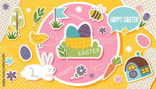 Easter collage banner with Easter objects in pop art style5. Easter trendy background. Concept of Easter, spring, holiday celebration.