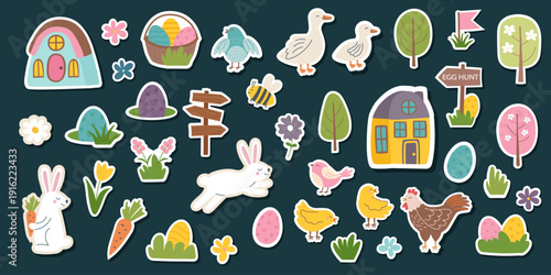 Set of Easter objects isolated on dark background3. Easter cliparts. Easter concept. Vector hand drawn elements.