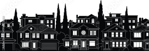 Residential neighborhood house skyline silhouette vector illustration set with modern suburban homes and tall cypress trees isolated on white background for graphic design