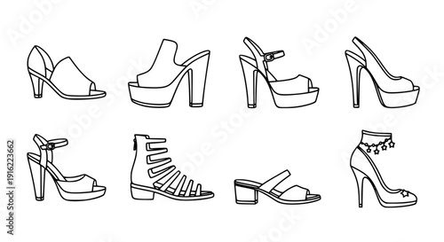 High heel and sandal outline icon set black vector