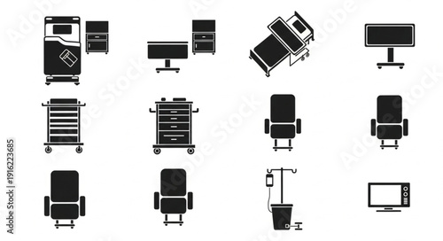 Collection of medical equipment and furniture icons.