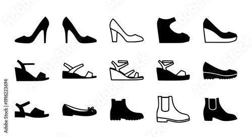 Women shoes flat line icon set black vector