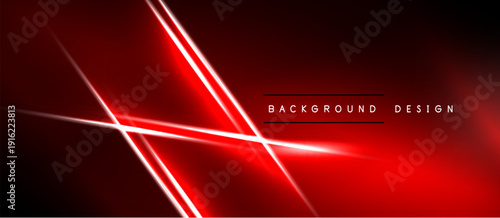 Red abstract background features bright lines intersecting. Dark shades create dynamic visual effect. Modern design element.