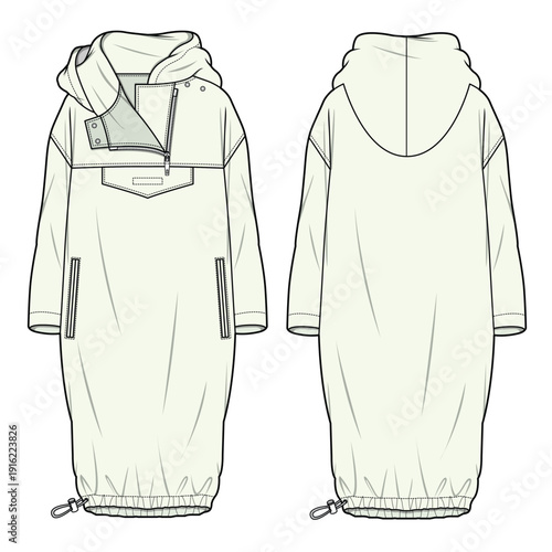 Rain coat technical drawing vector mockup template.