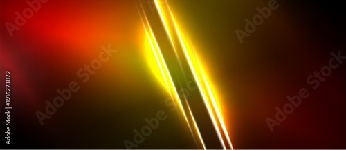 Abstract background features vibrant orange, yellow gradients. Diagonal lines create dynamic light effect. Dark borders frame composition.