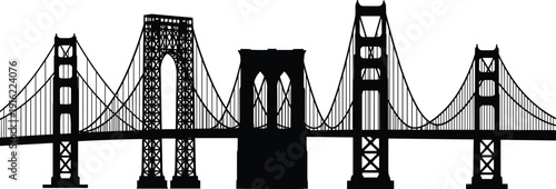 Suspension bridge silhouette collection vector illustration set with famous urban landmarks architecture and city infrastructure engineering isolated on white background for graphic design