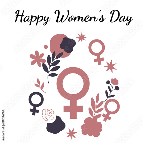 Elegant vector illustration for Happy Women's Day, featuring a decorative floral wreath with female symbols and abstract elements.