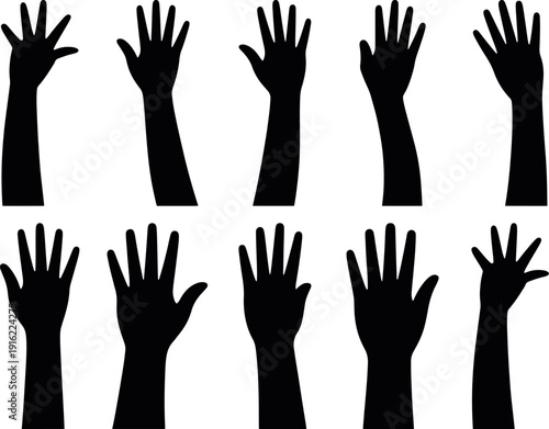 Raised hands silhouettes collection showing voting, volunteering, protest and participation gestures, teamwork and crowd support concept illustration for social campaign, community vector set