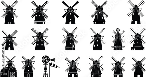 Windmill silhouette collection vector illustration set with traditional dutch wind turbines farm barns and rural landscape elements isolated on white background for design