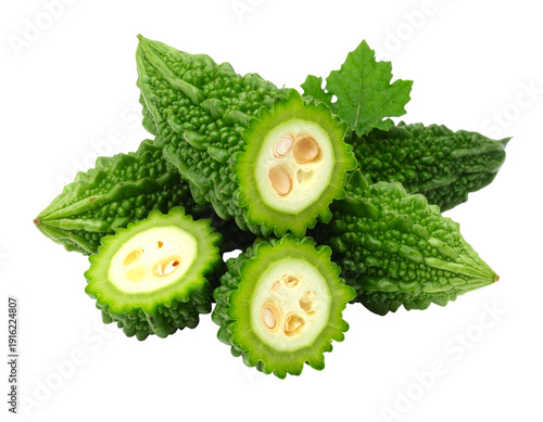 Bitter gourd halves and whole gourds with textured green skin and pale interior