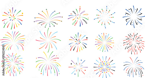 Festive fireworks collection for independence day new year and party events flat design vector icons