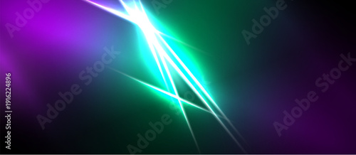 Abstract light streaks, vibrant purple, green hues. Dynamic energy radiates from central bright point. Smooth gradients create depth.