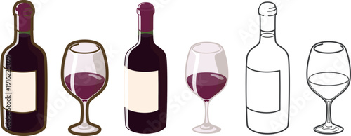 赤ワインボトルとグラス（ボルドー型）