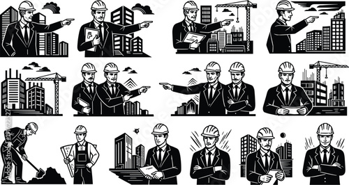 Black and white construction worker silhouettes set with engineers in hard hats pointing at buildings, architects with blueprints, and builders on site projects