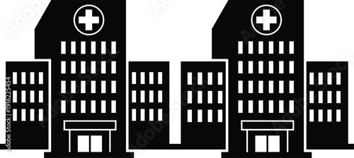 Black and white hospital building icon silhouette vector illustration with medical cross symbol for healthcare clinic emergency center professional flat design web isolated