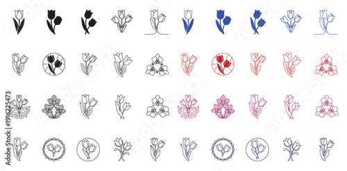 20 Hand-Drawn Orchid flower Vector Illustrations icons set - Minimalist Floral Line Art Collection, Isolated on white Background, including colored and black outline versions for multiple uses