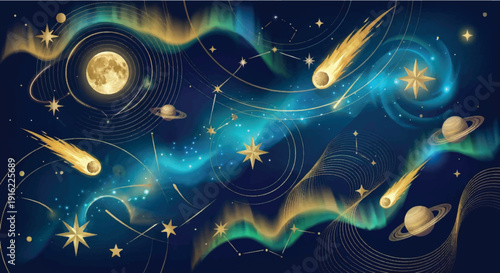 Abstract Cosmic Space Background - Golden Moon, Planets, and Comets Illustration