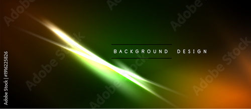 Abstract background features vibrant green, orange light streaks. Dark space surrounds bright diagonal lines, creating modern visual effect.