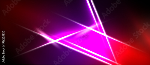 Abstract vibrant lines intersect, creating bright geometric shapes. Red, purple hues dominate dark background. Energetic visual effect.