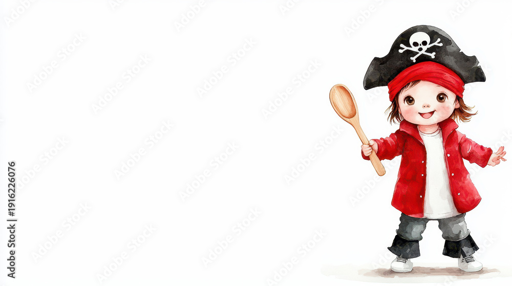 Fototapeta premium Watercolor pirate toddler child costume hat red shirt bandana wooden spoon smile playful watercolor pirate toddler child costume hat red shirt