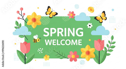 Vibrant spring welcome sign with colorful flowers butterflies and a bee on a green background