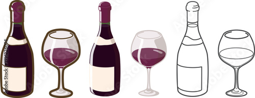 赤ワインボトルとグラス（ブルゴーニュ型）