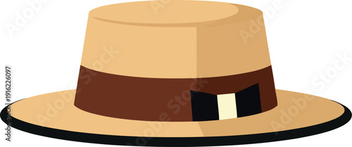 Classic Boater Hat with Brown Ribbon Isolated on White Background Vector Illustration